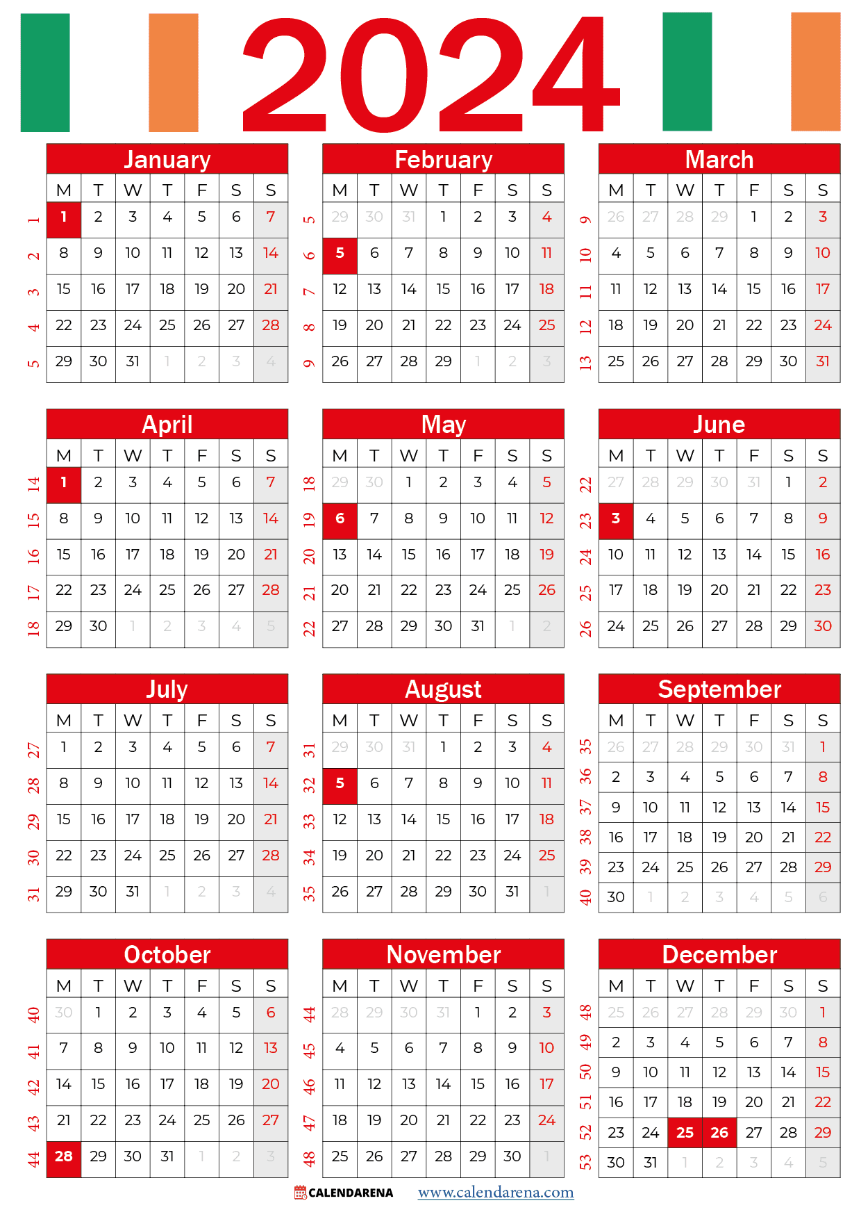 2024 calendar with holidays red ireland