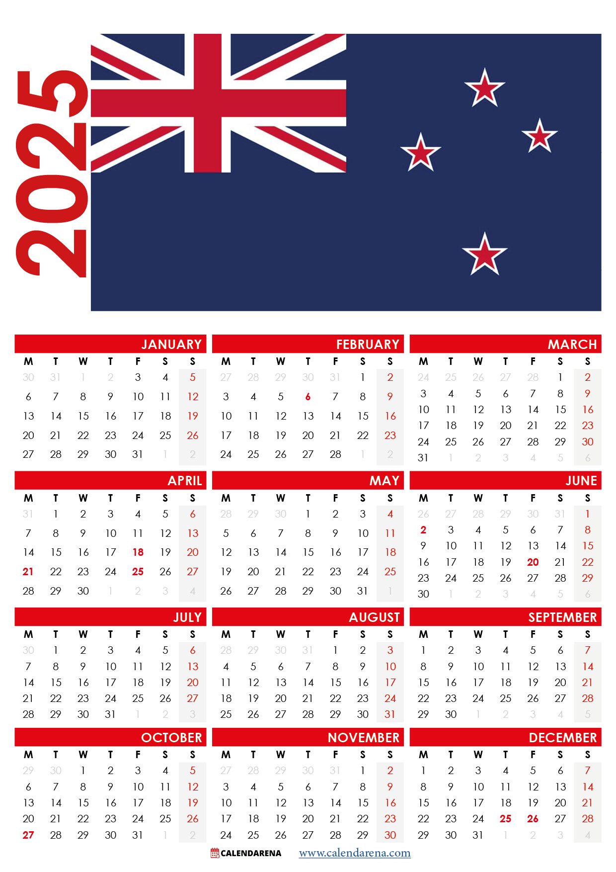 2025 calendar printable NZ