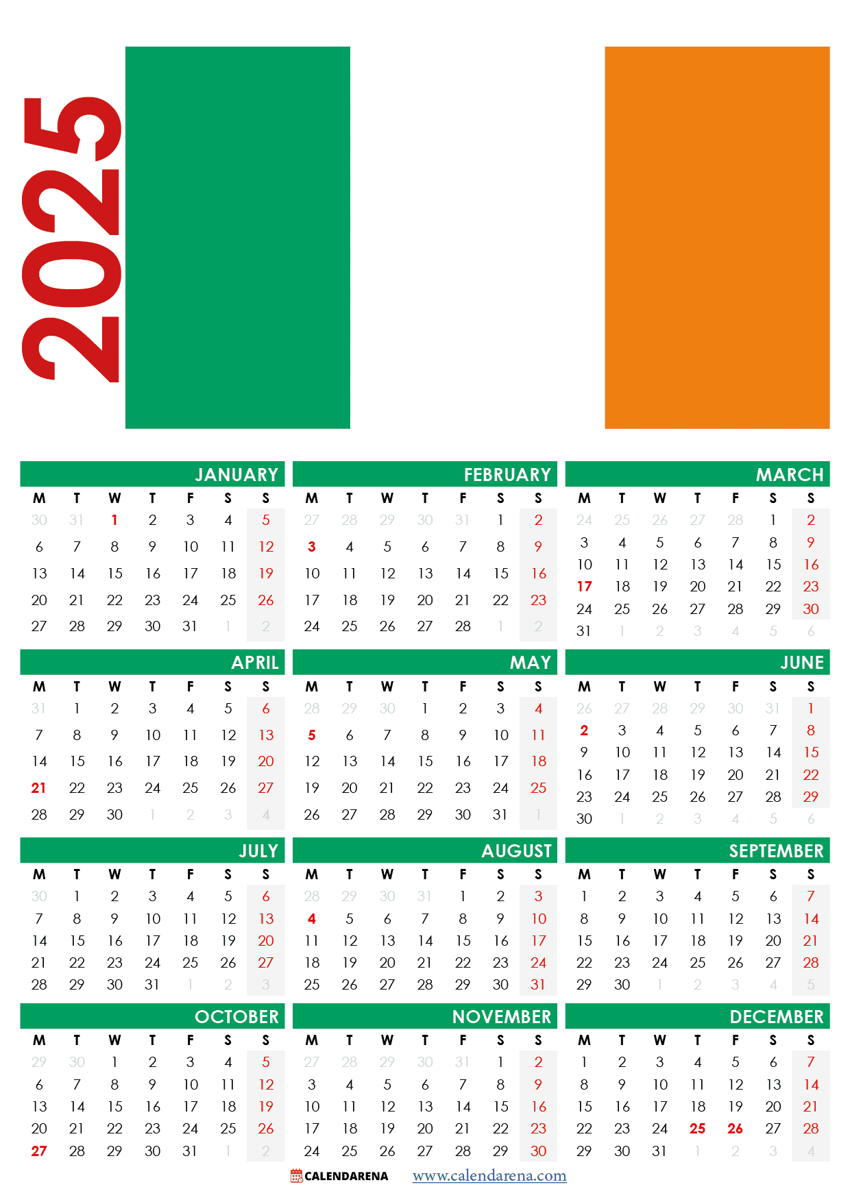 2025 calendar printable ireland