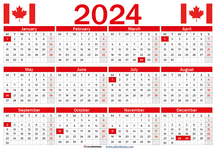 Canada 2024 Calendar With Holidays Printable