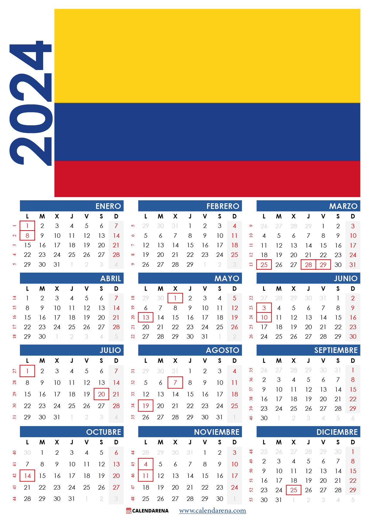 Calendario 2024 colombia con festivos PDF by Calendarena Medium