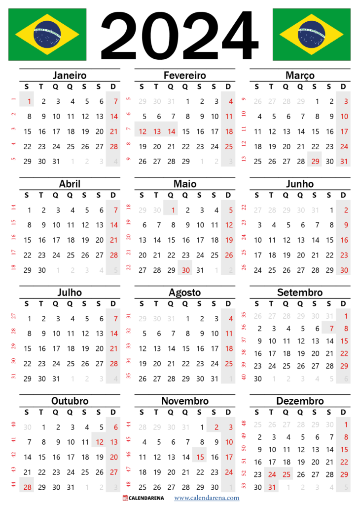 Calendário 2024 Brasil Para Imprimir Com Feriados