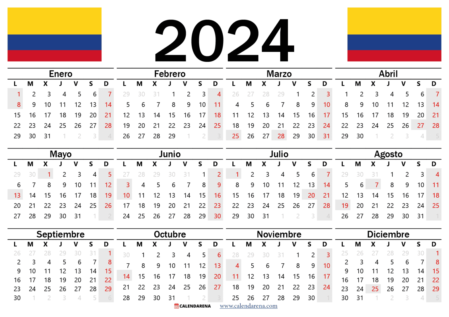 Calendario 2024 Colombia Con Festivos PDF