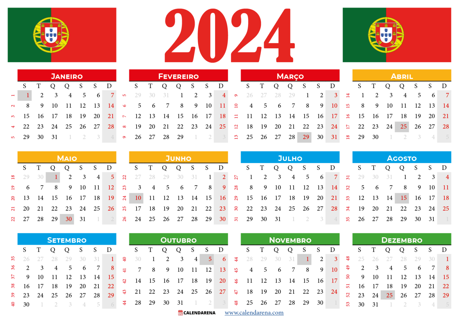 Calendário 2024 Portugal Para Imprimir Com Feriados