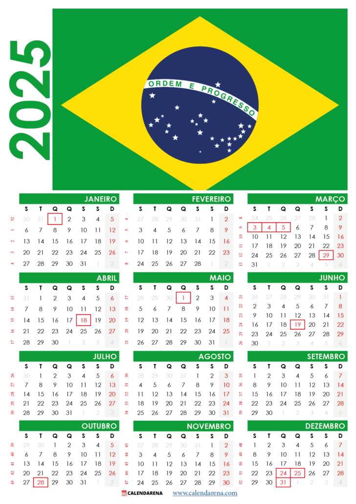 Calendário 2025 Brasil Para Imprimir Com Feriados