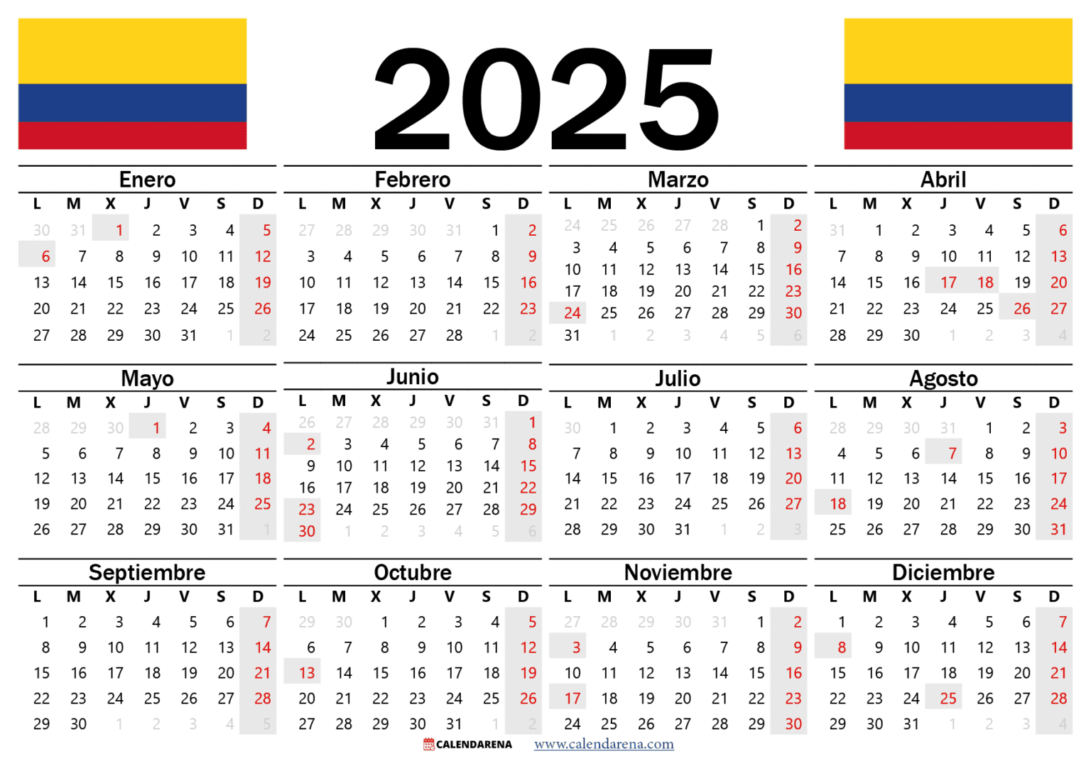 Calendario 2025 Con Festivos Colombia Excel