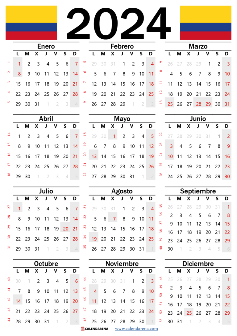 Calendario 2024 colombia con festivos PDF Calendarena