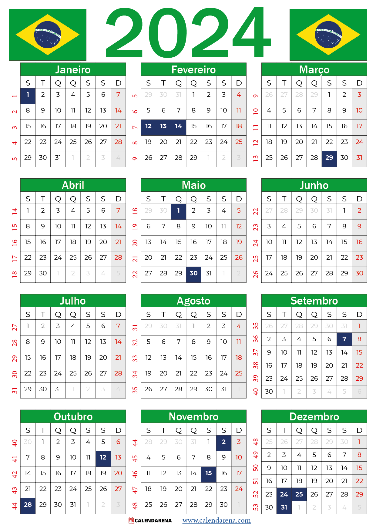 calendário feriados 2024 Brasil