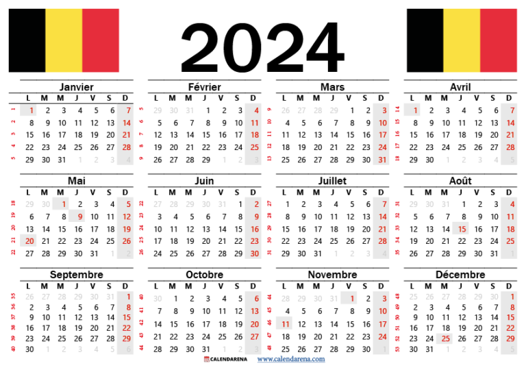 Calendrier 2024 Belgique à Imprimer Gratuitement