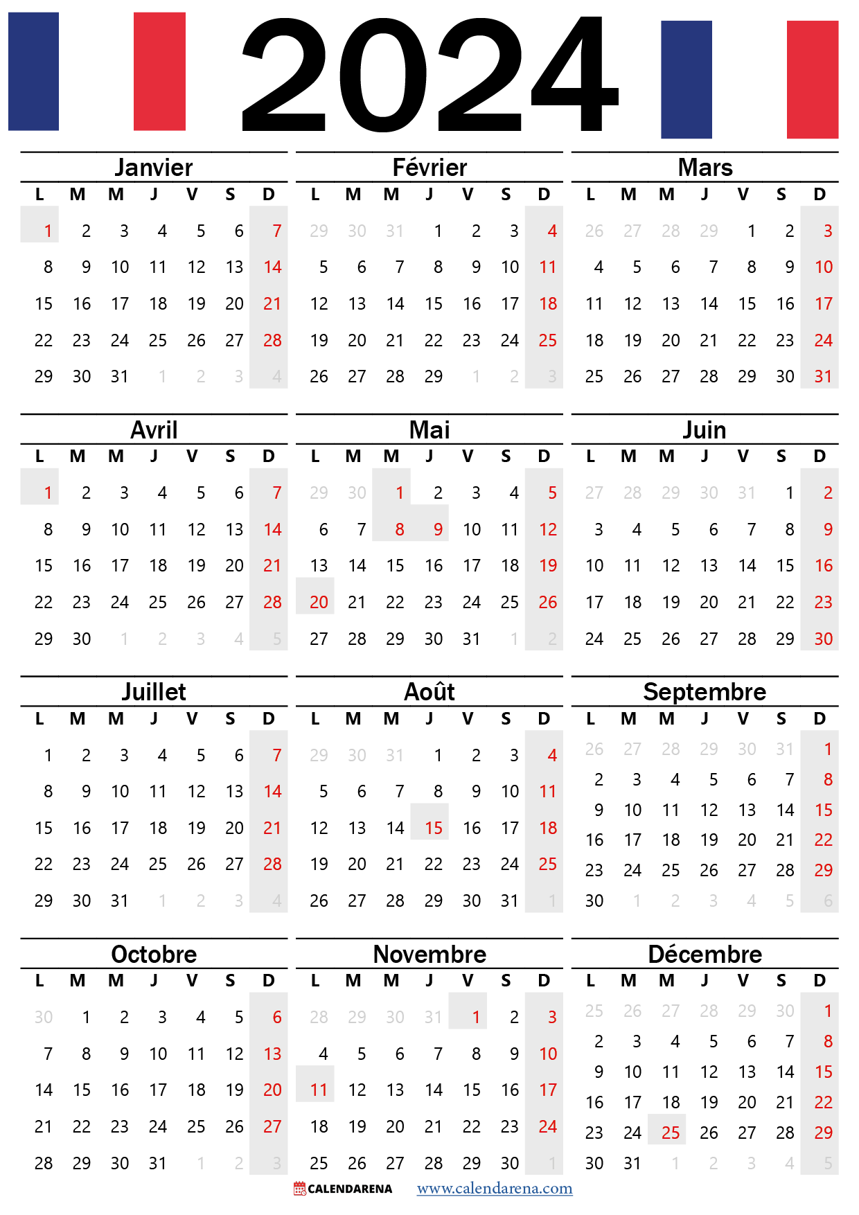 calendrier 2024 avec jours fériés