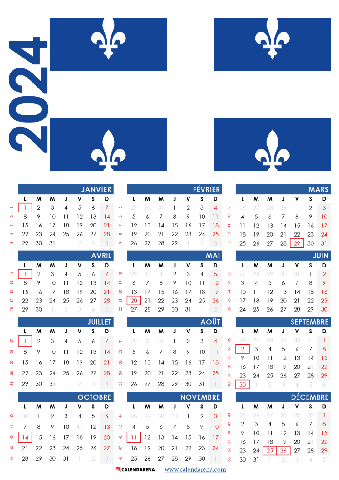 Calendrier 2024 Québec à Imprimer Gratuitement