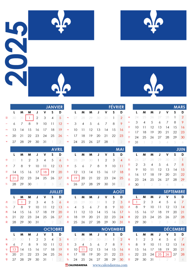 Calendrier 2025 Québec à Imprimer Gratuitement