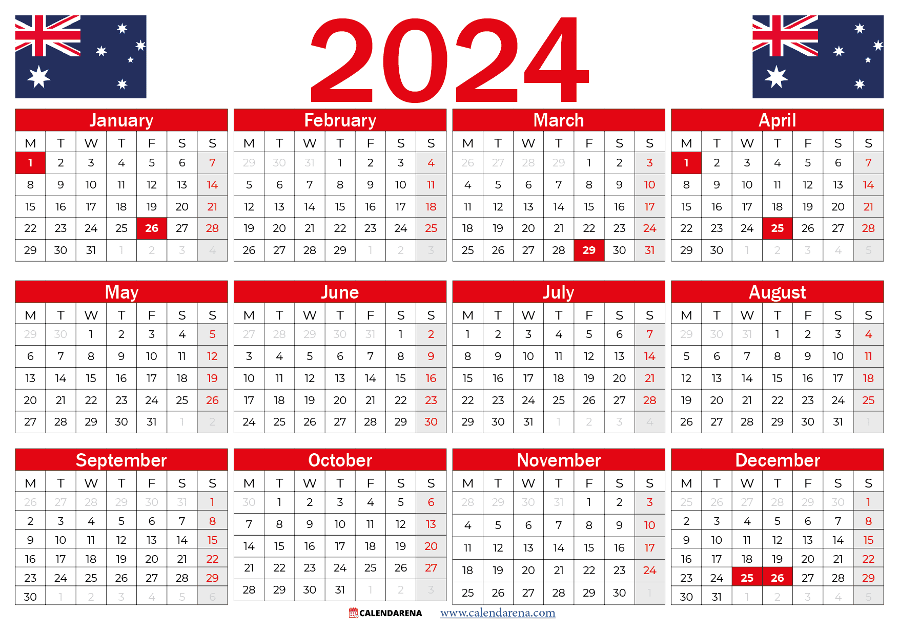 free printable calendar 2024 australia
