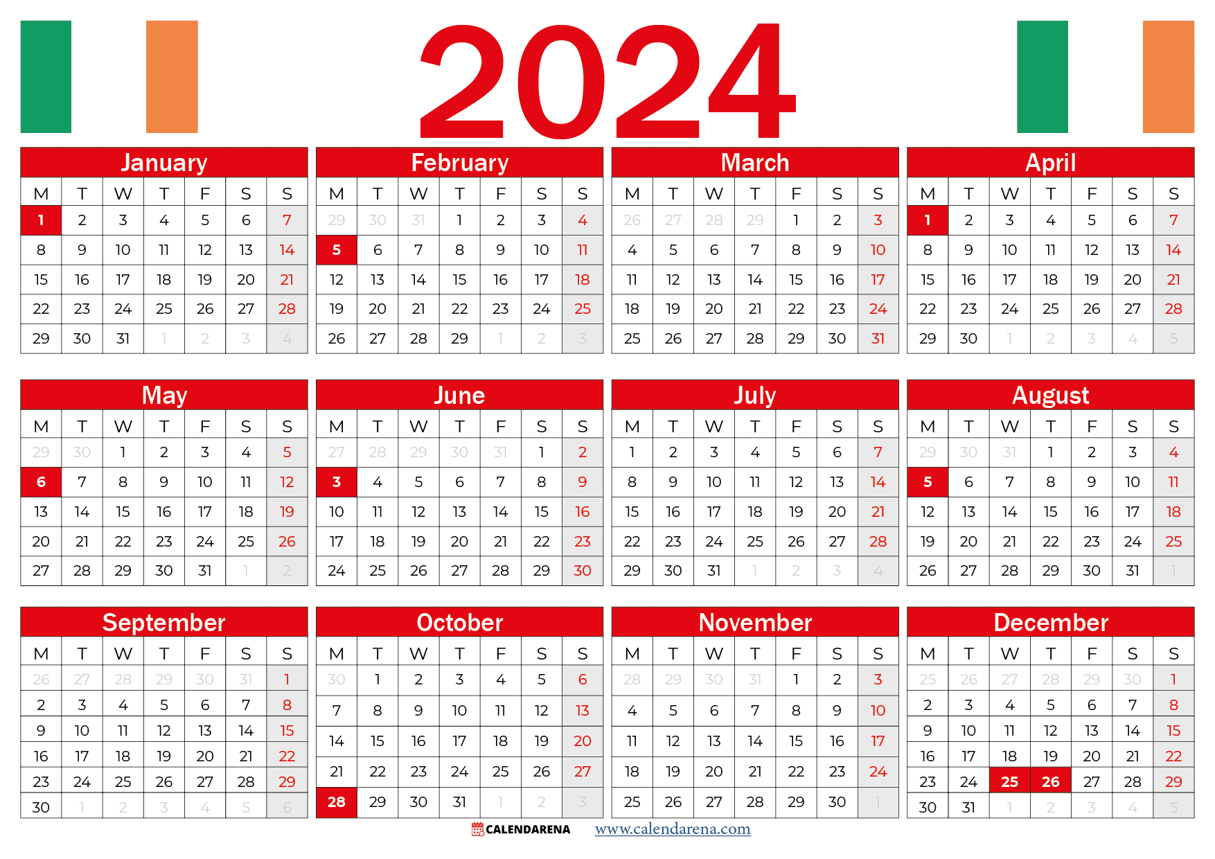 free printable calendar 2024 ireland