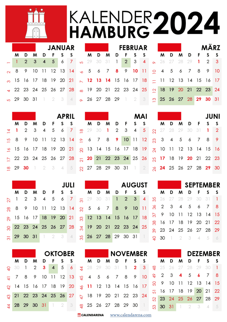 Kalender 2024 Hamburg Mit Ferien + Feiertage