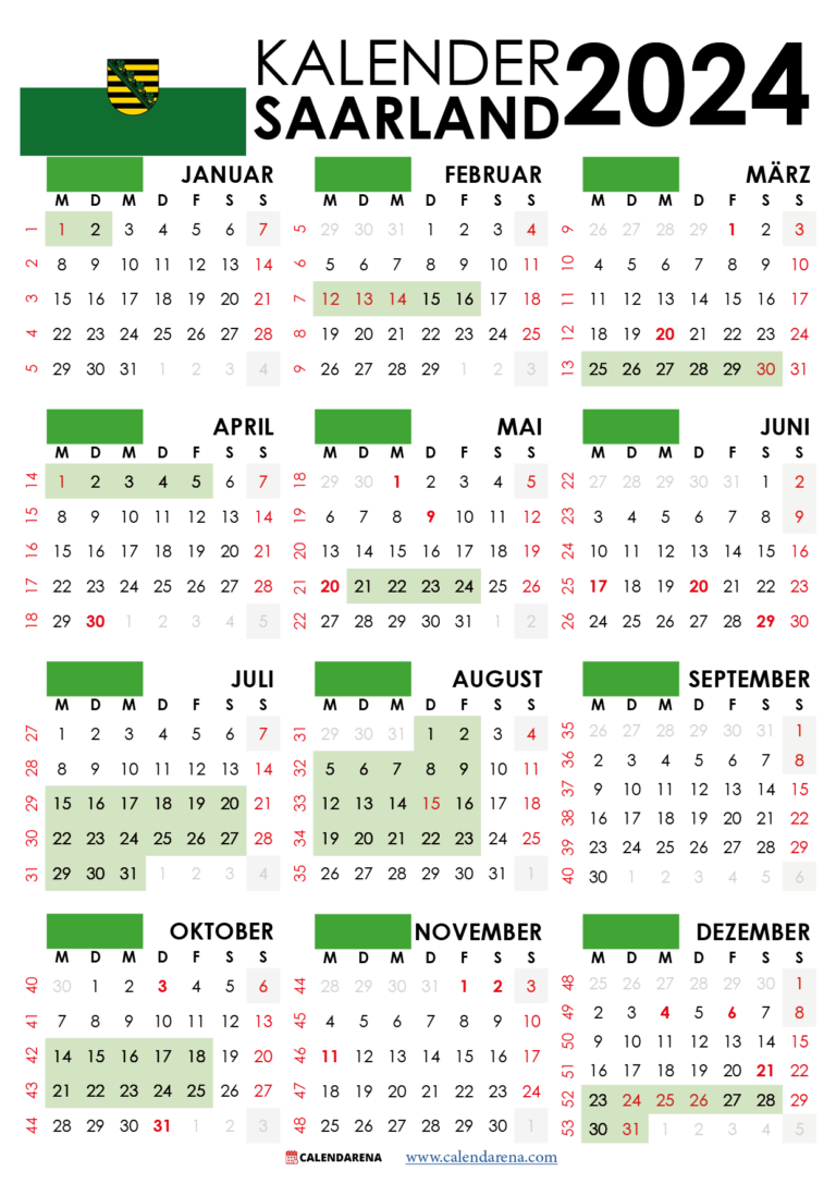 Kalender 2024 Saarland Mit Ferien + Feiertage