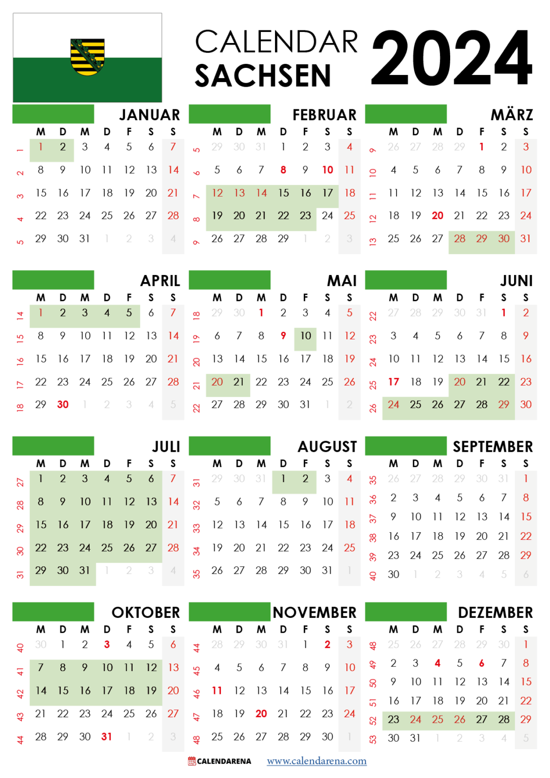 Kalender 2024 Sachsen Mit Ferien + Feiertage