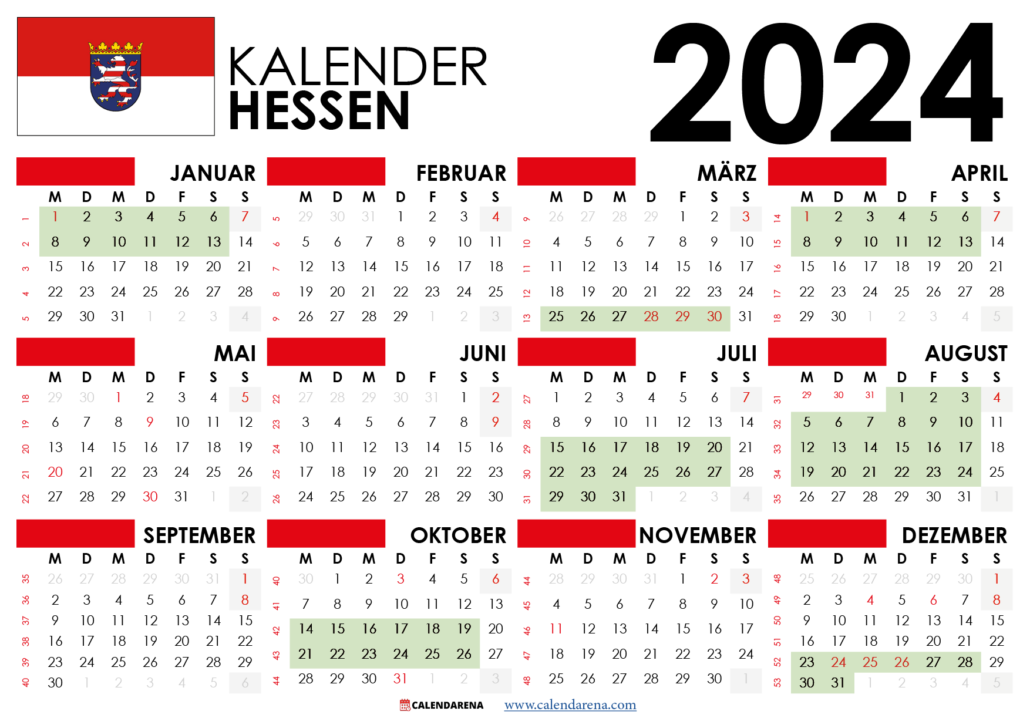 Kalender 2024 Hessen Mit Ferien + Feiertage