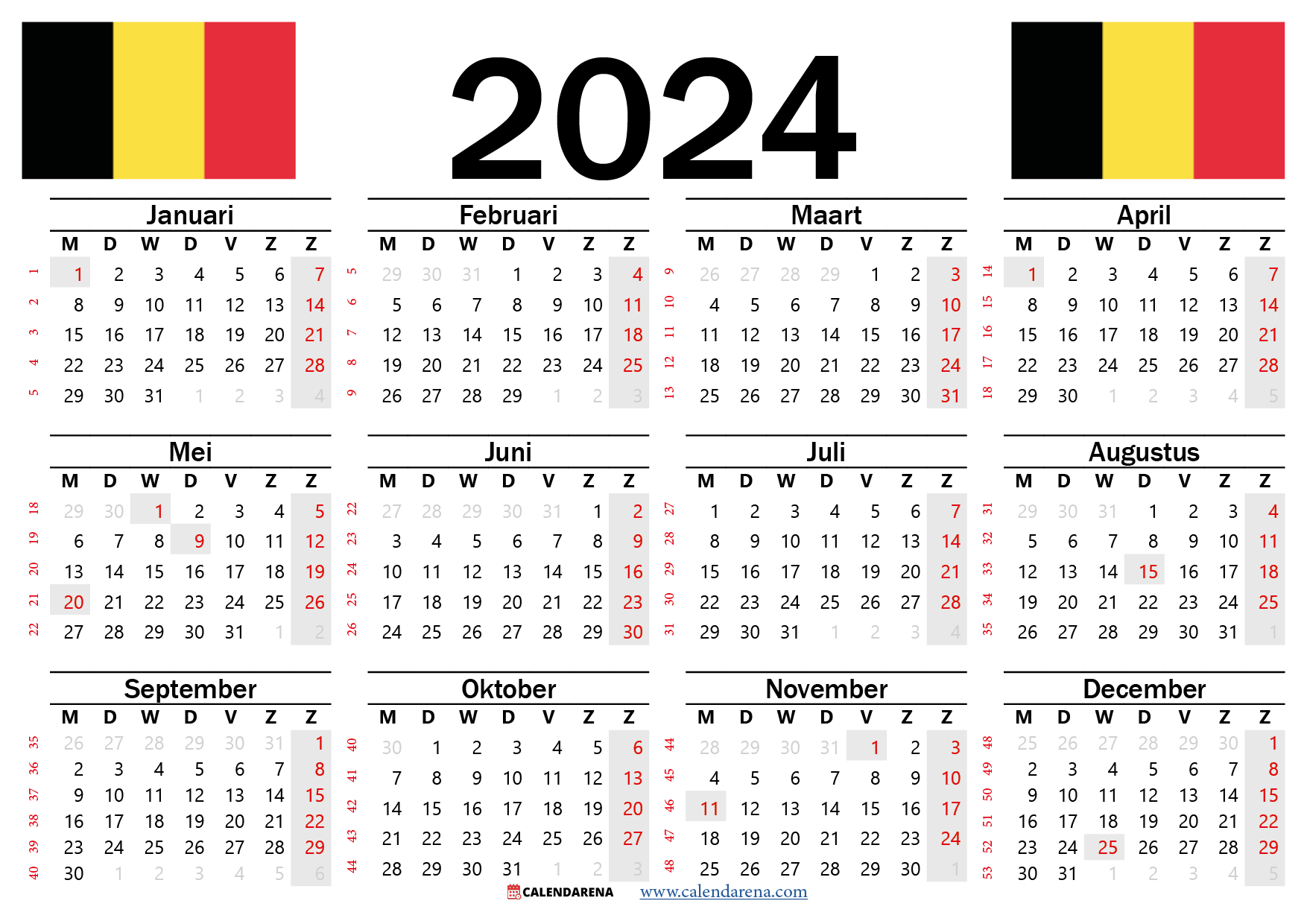 kalender 2024 met weeknummers België