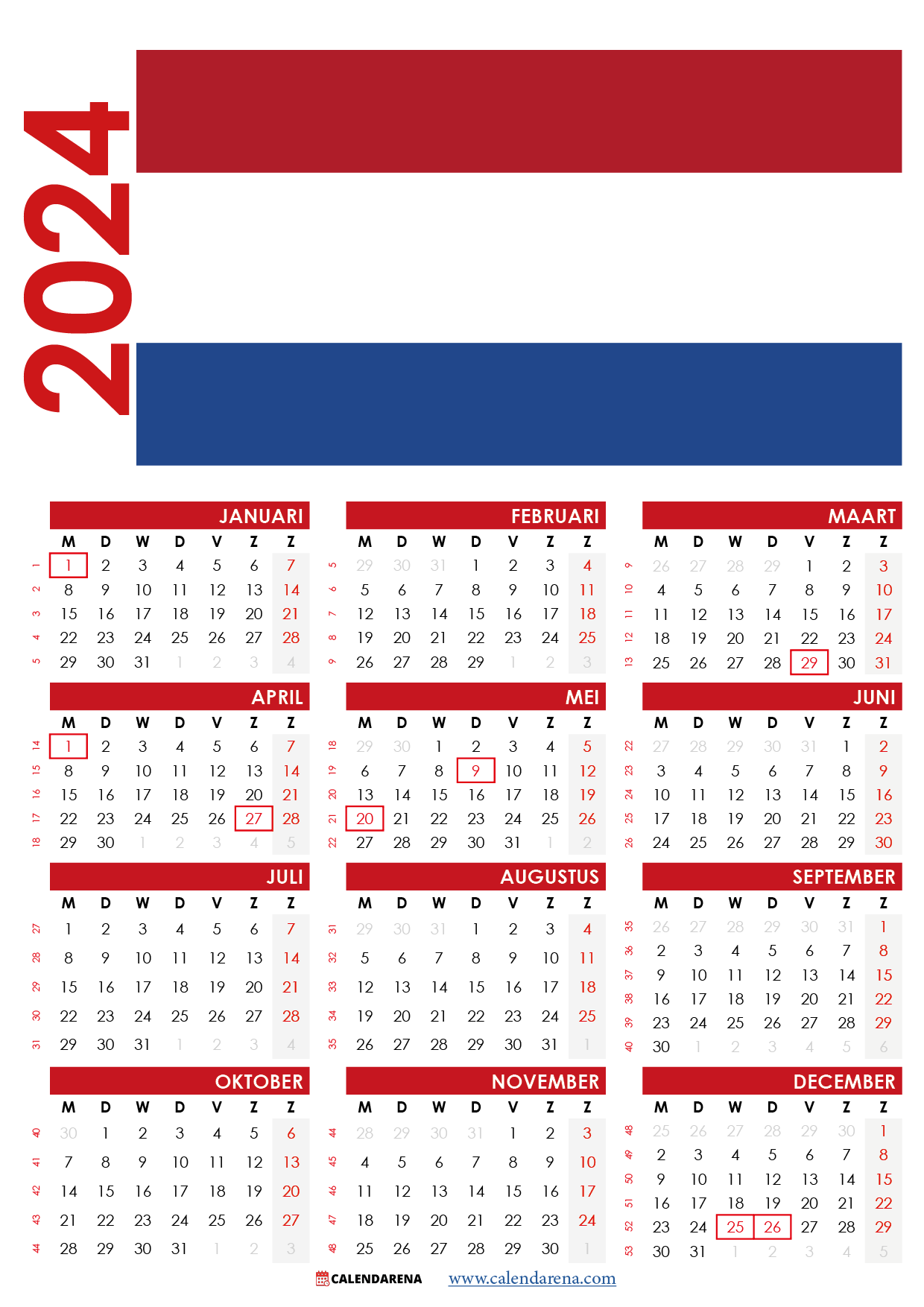 kalender 2024 met weeknummers Nederland