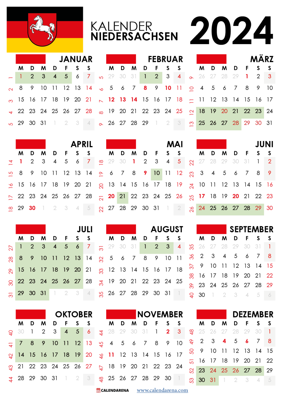 Kalender 2024 Niedersachsen Mit Ferien + Feiertage