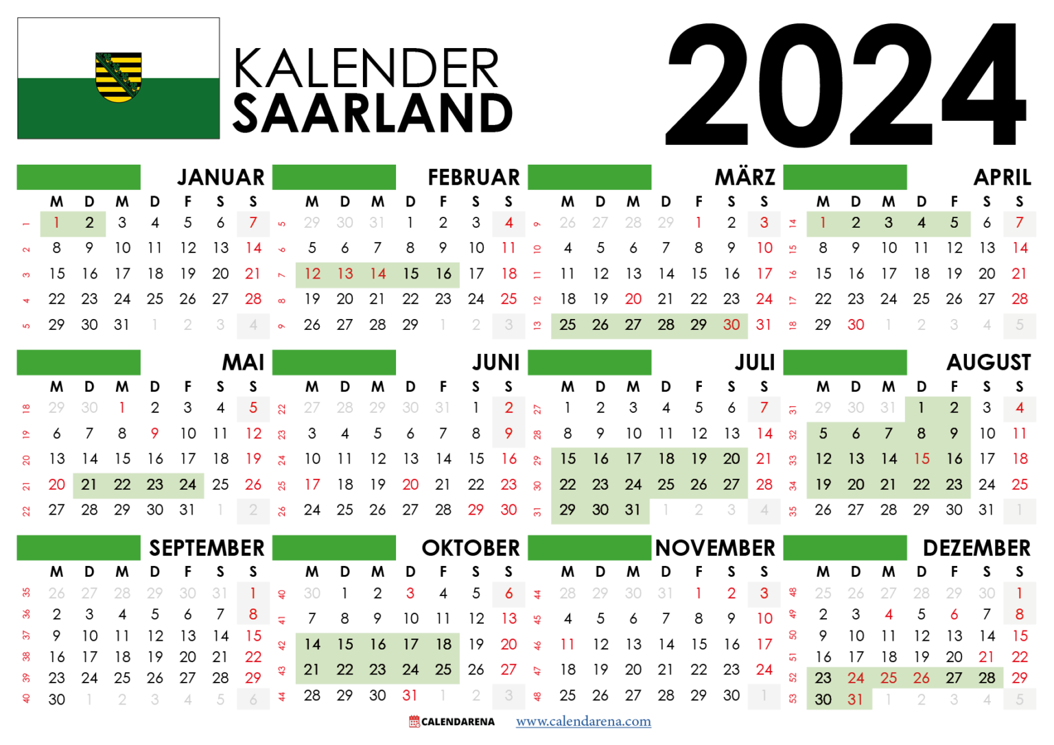Kalender 2024 Saarland Mit Ferien + Feiertage