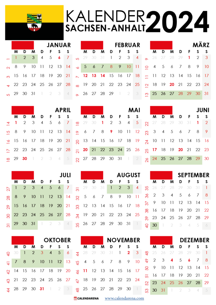 Kalender 2024 SachsenAnhalt Mit Ferien + Feiertage