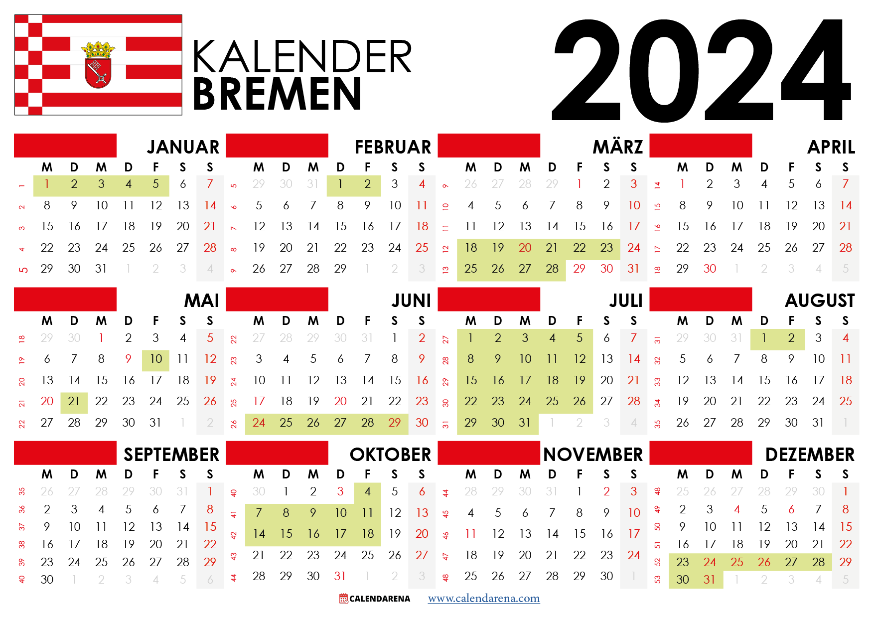 kalender Bremen 2024 und Ferien