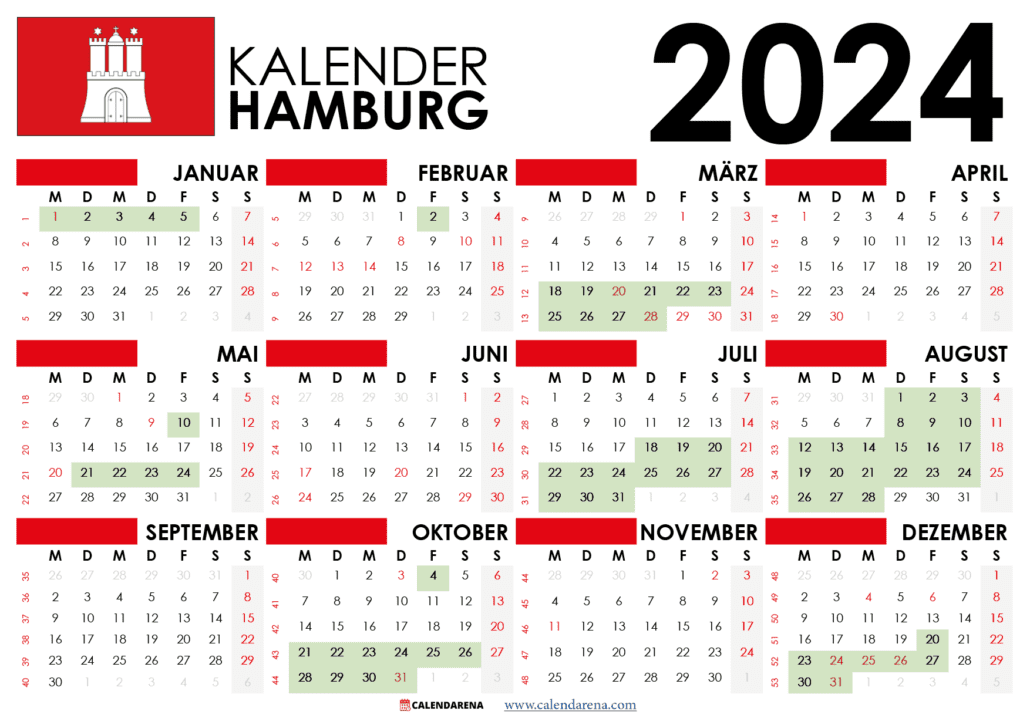 Kalender 2024 Hamburg Mit Ferien + Feiertage