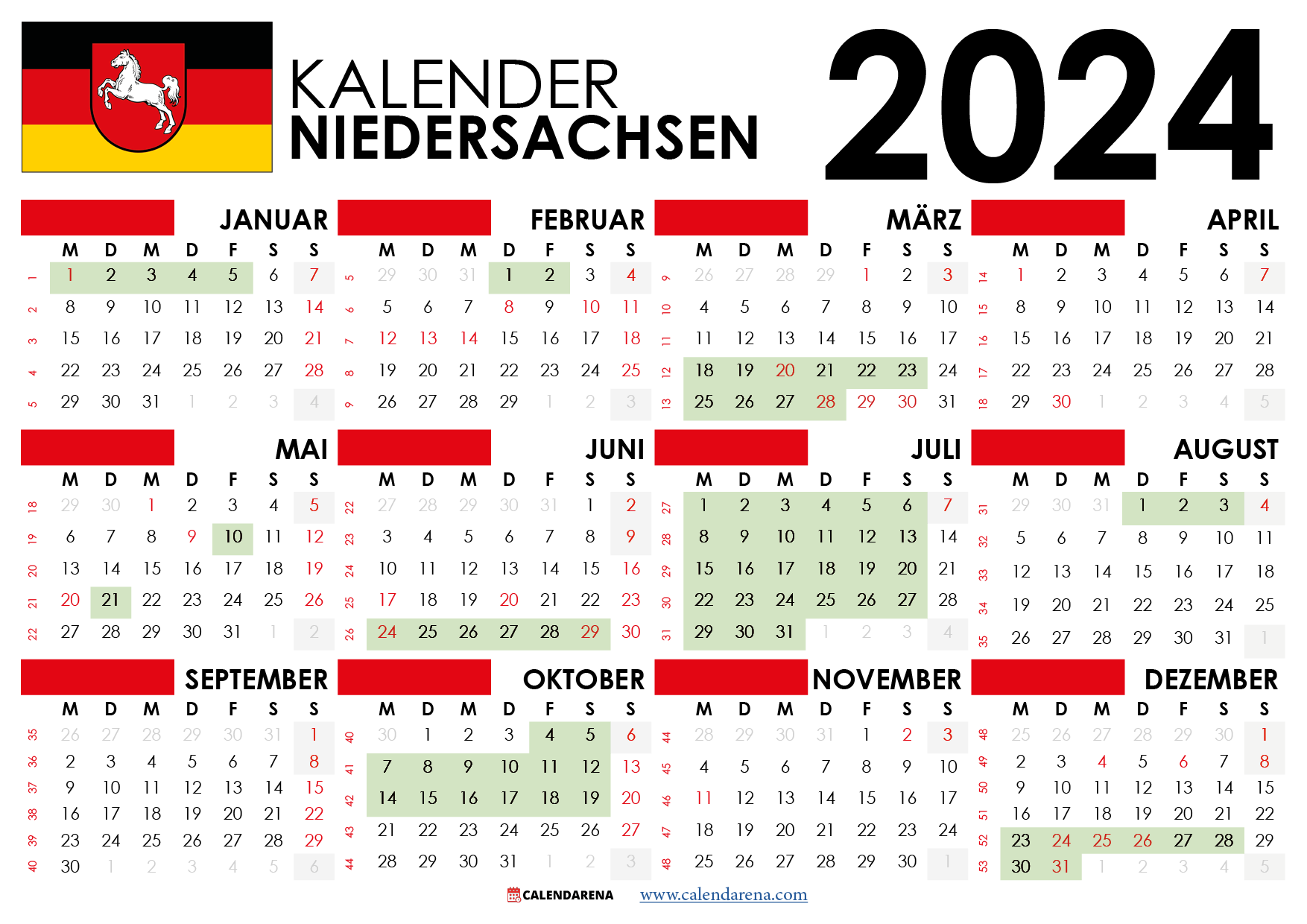 kalender Niedersachsen 2024 und Ferien