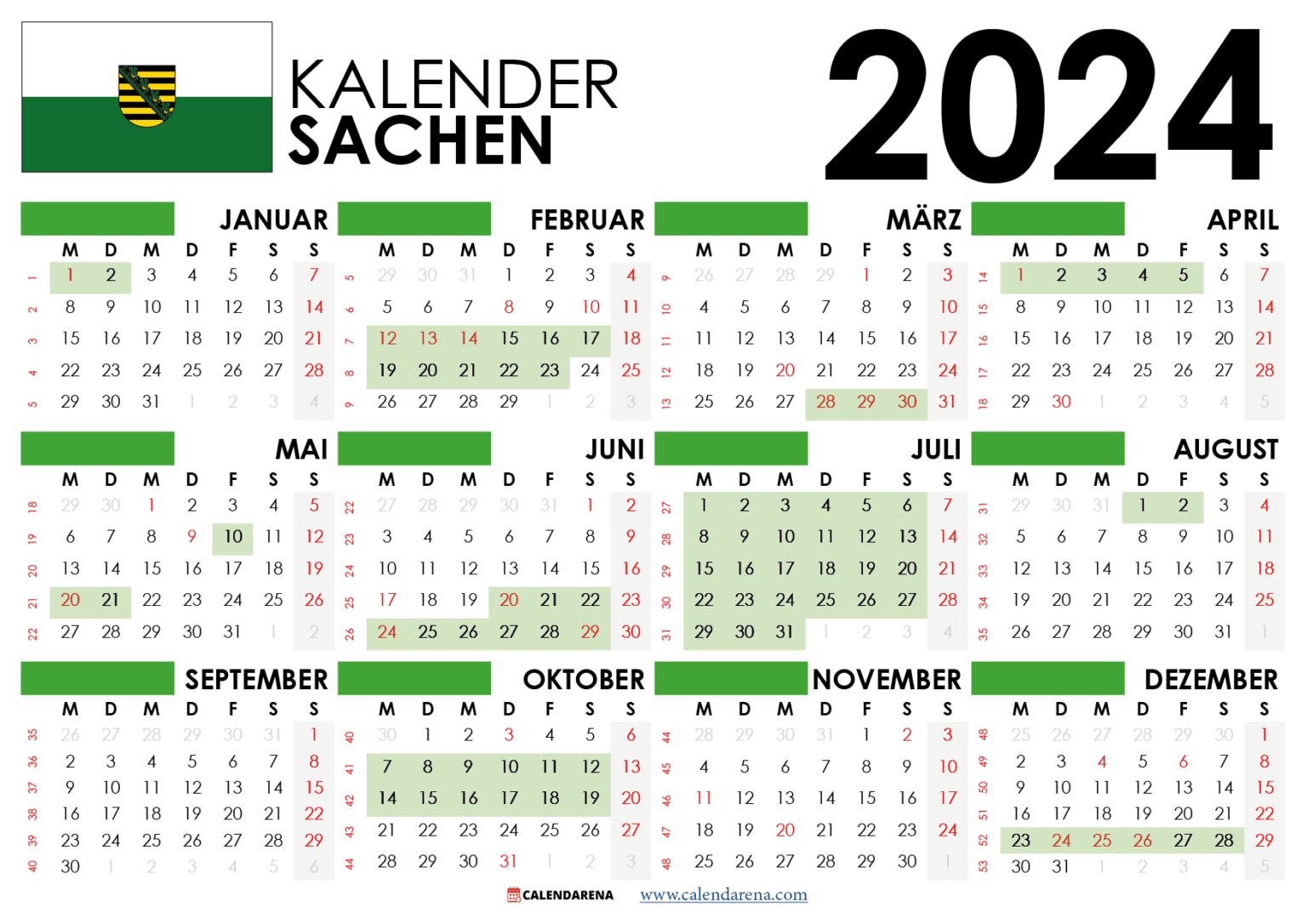 Kalender 2024 Sachsen Mit Ferien + Feiertage