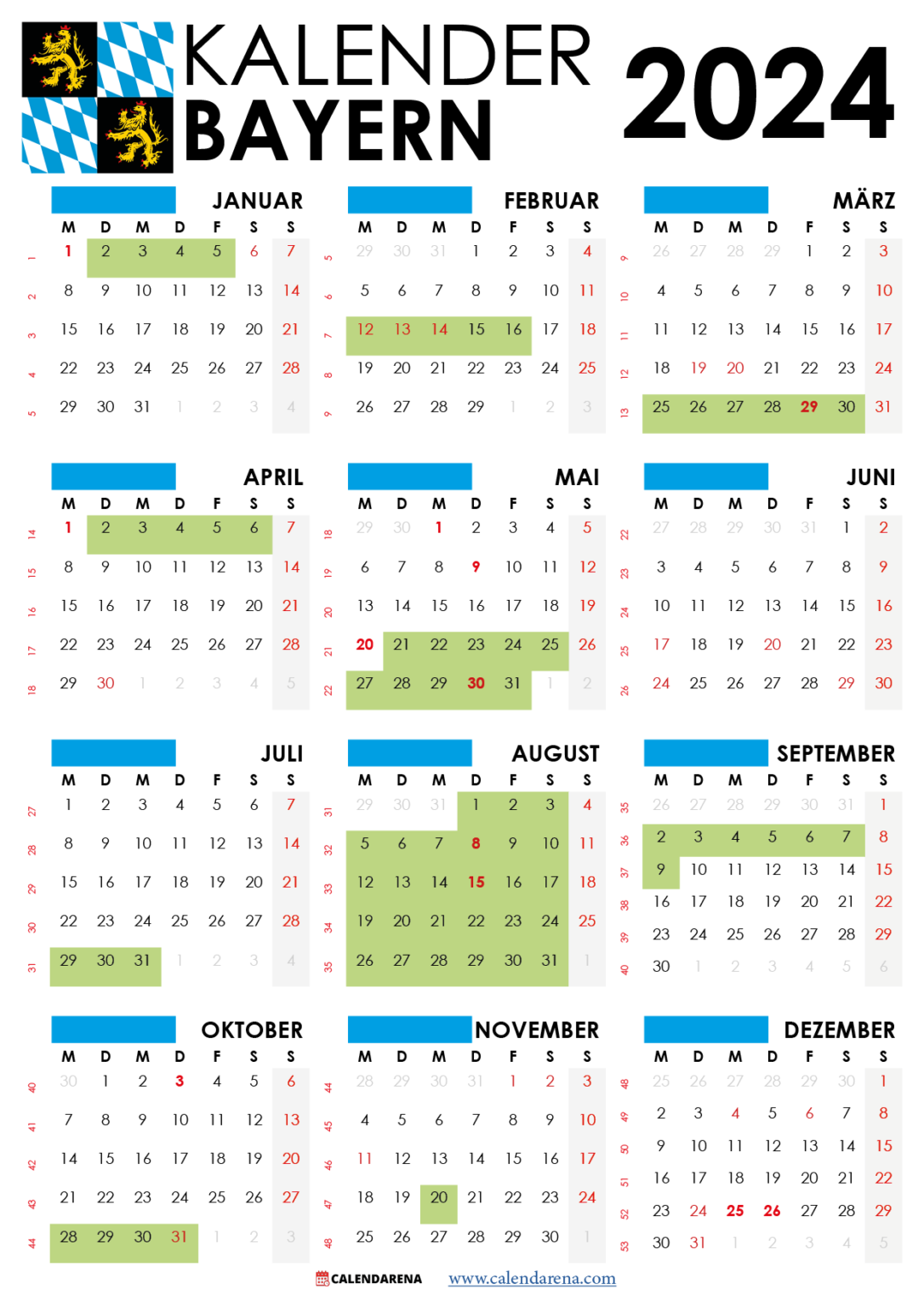Kalender 2024 Bayern Mit Ferien + Feiertage