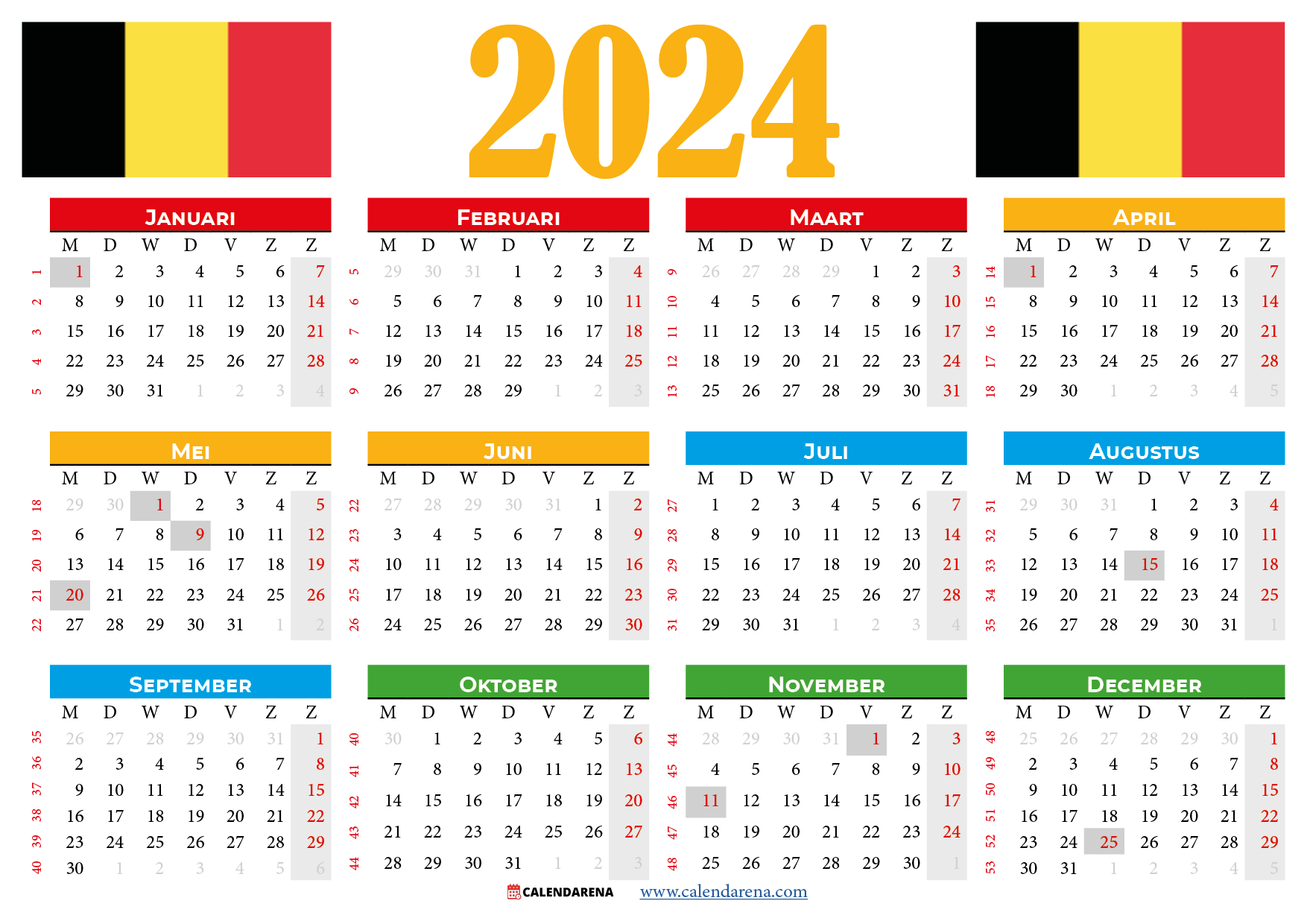 kalender met weeknummers 2024 België