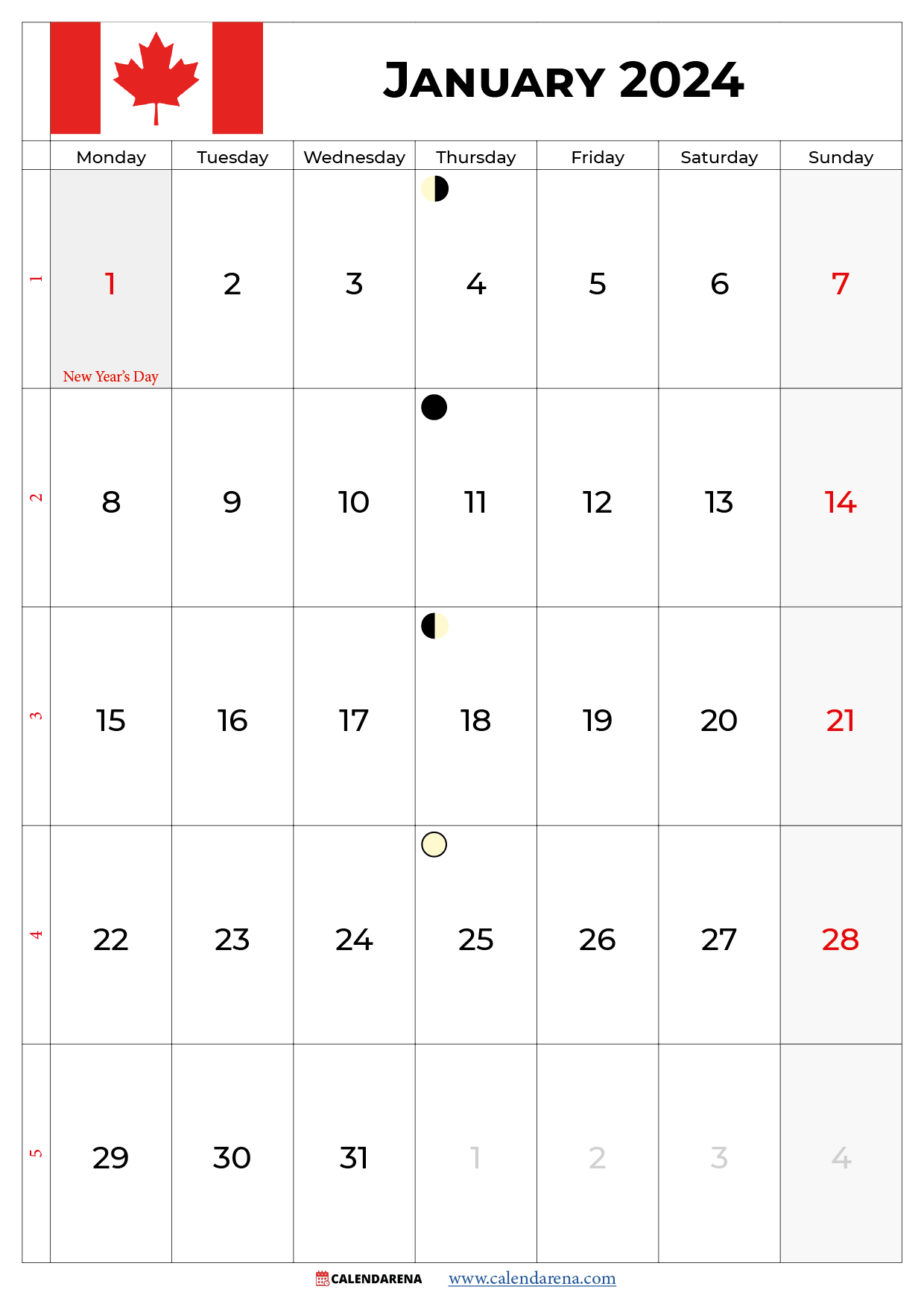 2024 january calendar canada