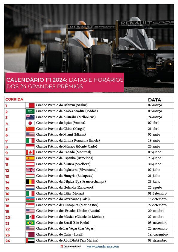 Calendário F1 2024 Datas E Horários Dos 24 Grandes Prêmios