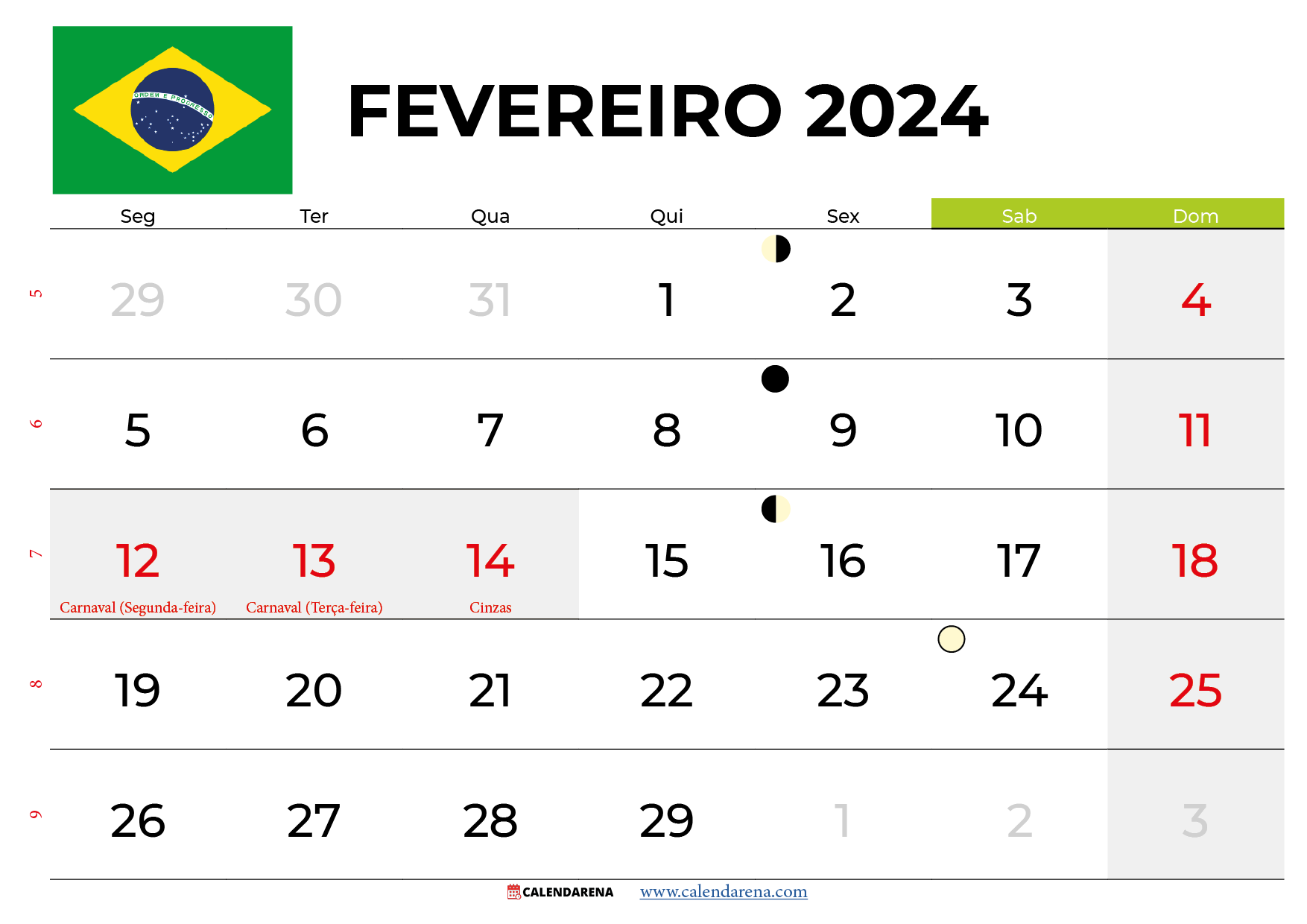 Calendário fevereiro 2024 Brasil