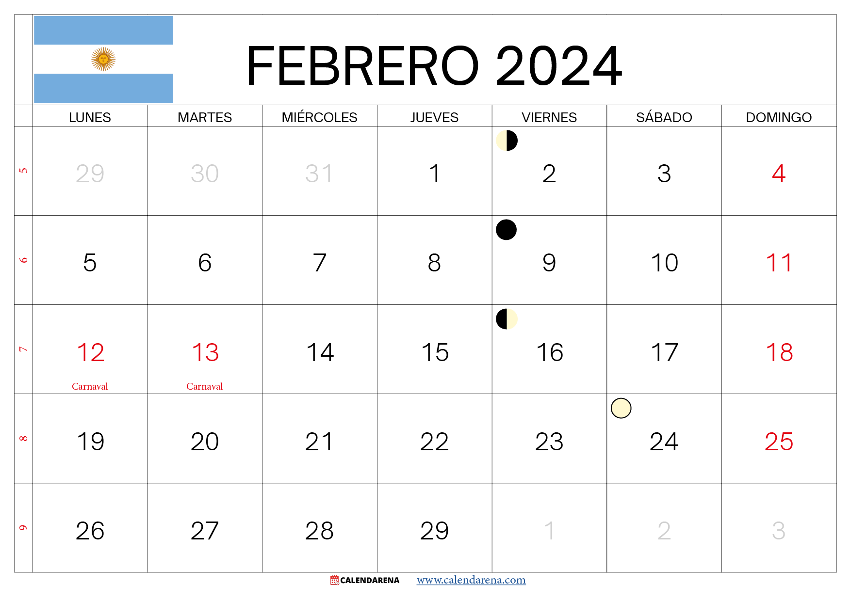 almanaque febrero 2024 argentina