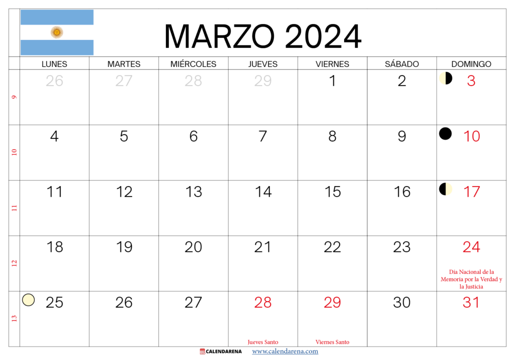 Calendario Marzo 2024 Argentina Para Imprimir