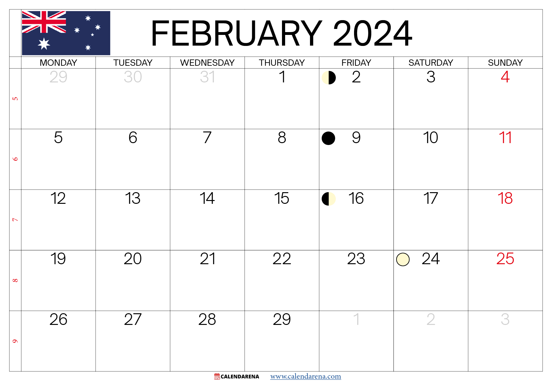 calendar february 2024 Australia