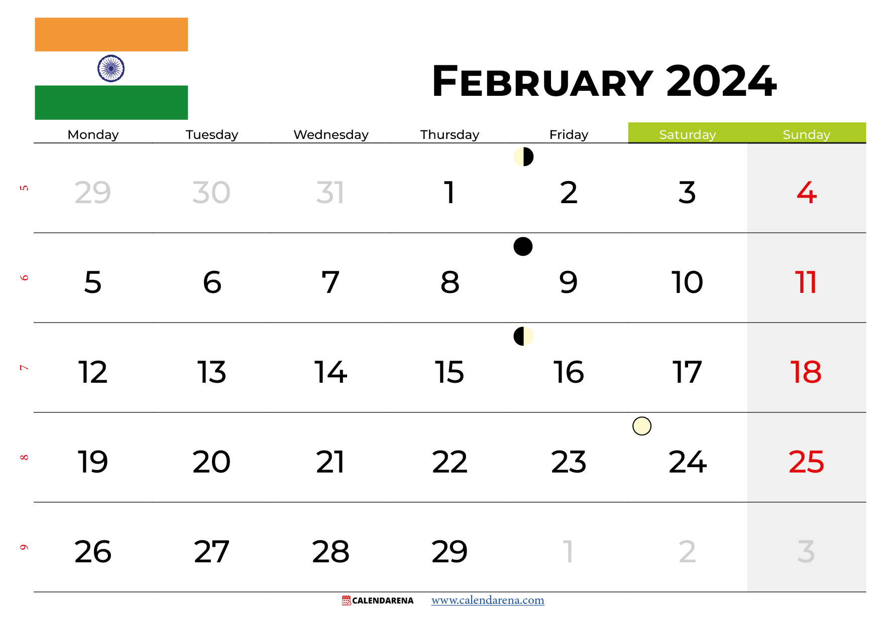 calendar february 2024 india