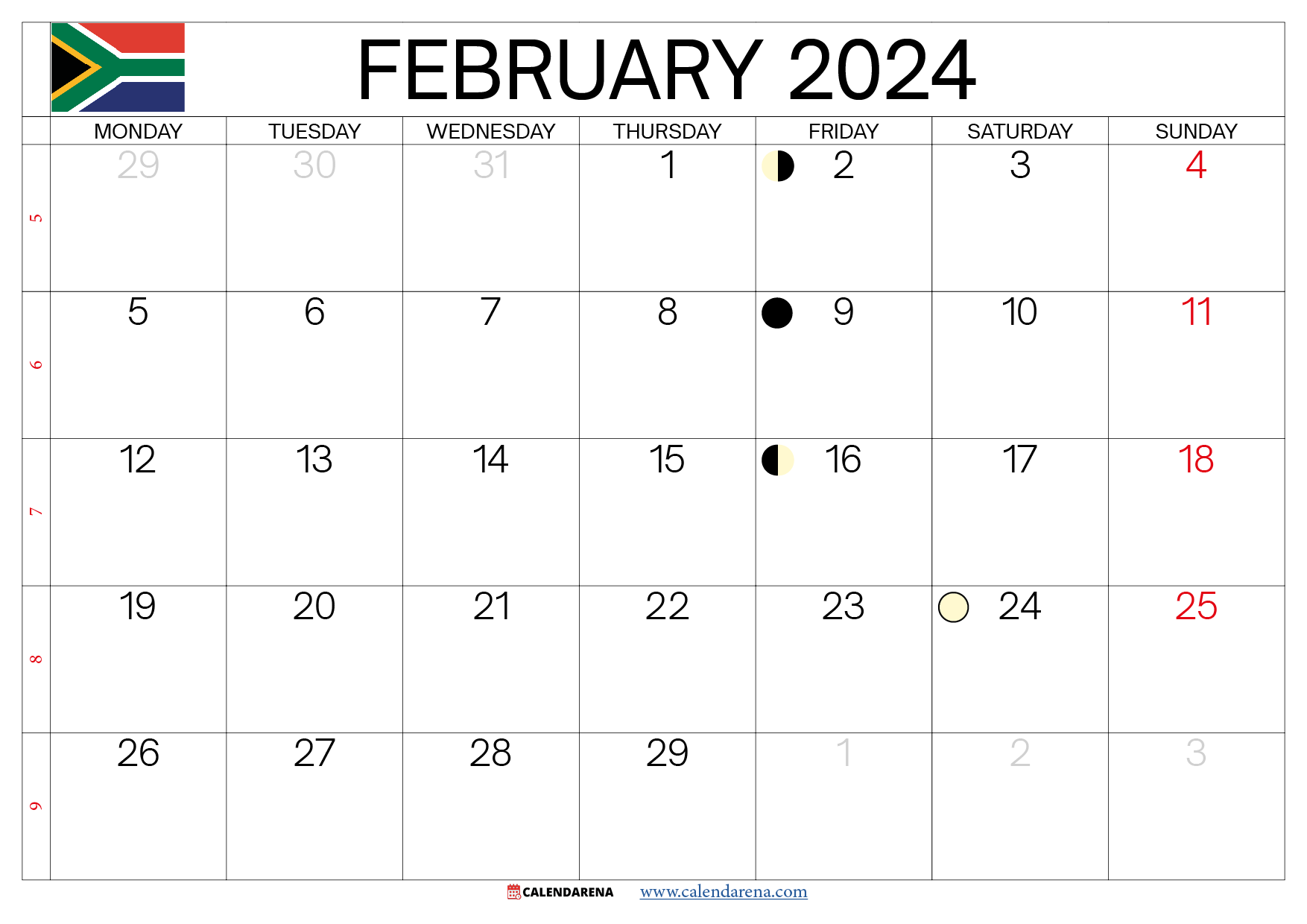 calendar february 2024 south africa
