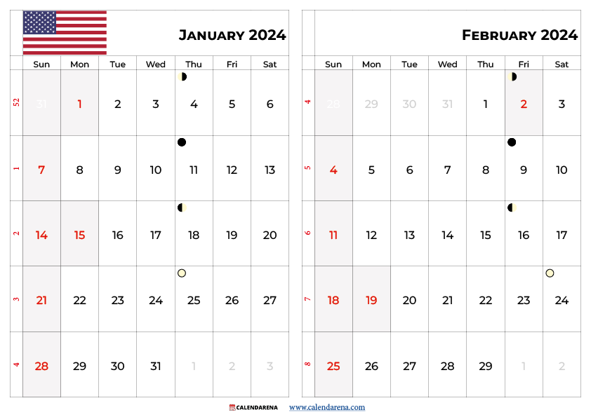 calendar for january and february 2024 USA