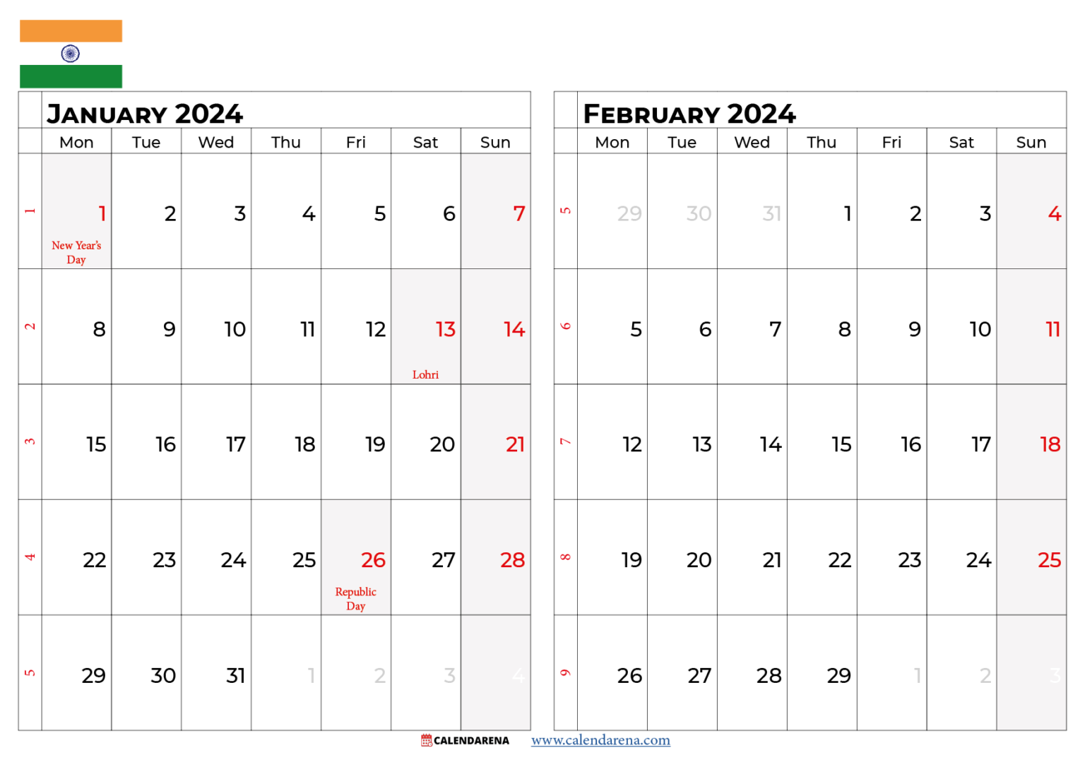 January 2024 Calendar India