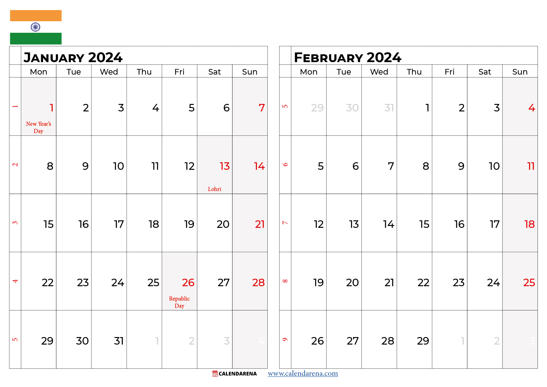calendar for january and february 2024 india