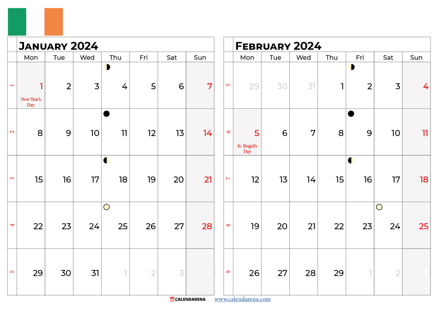 January 2024 Calendar Ireland Printable