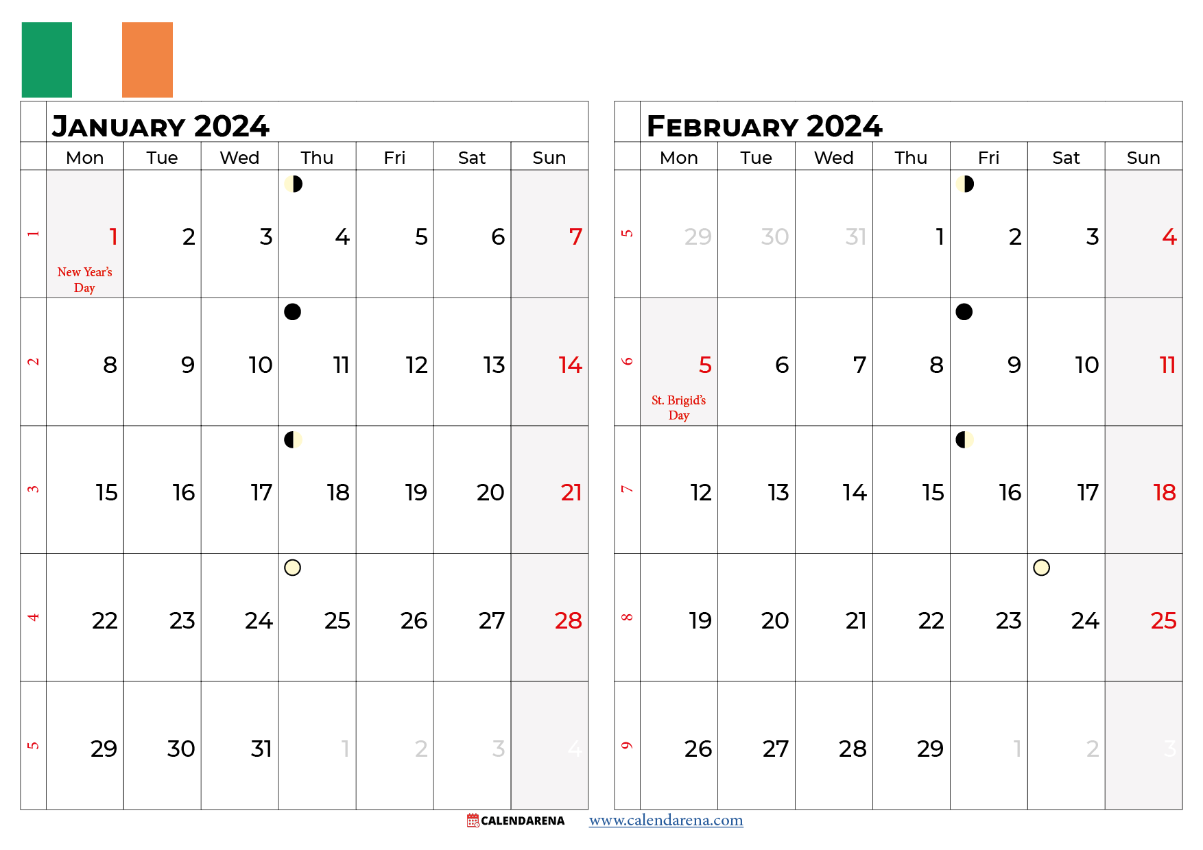 calendar for january and february 2024 ireland