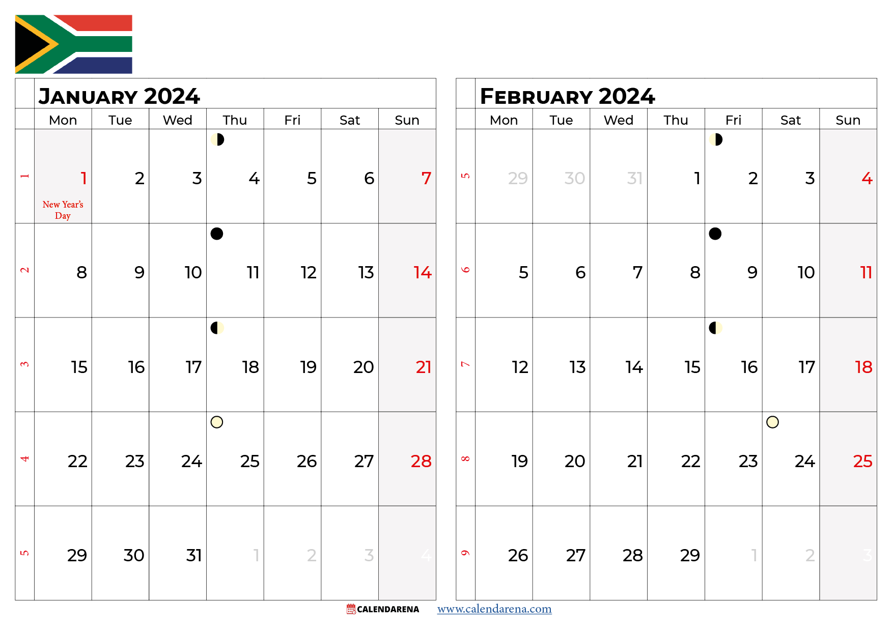 calendar for january and february 2024 south africa