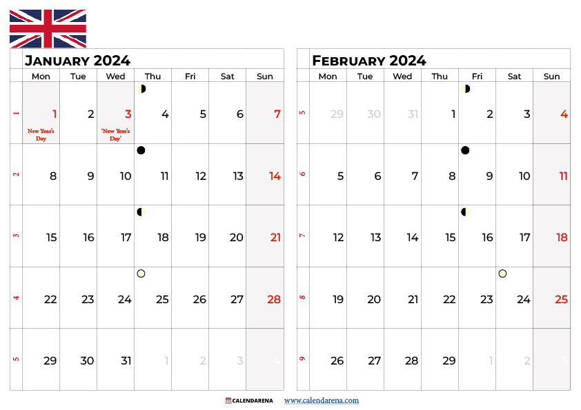 calendar for january and february 2024 uk
