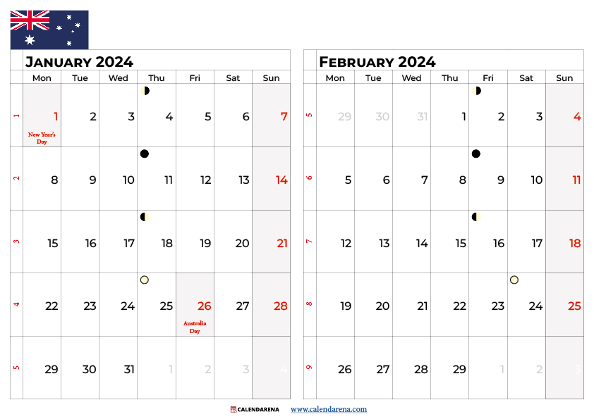 calendar january february 2024 australia