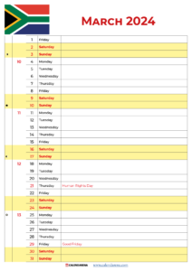 March 2024 Calendar South Africa With Holidays